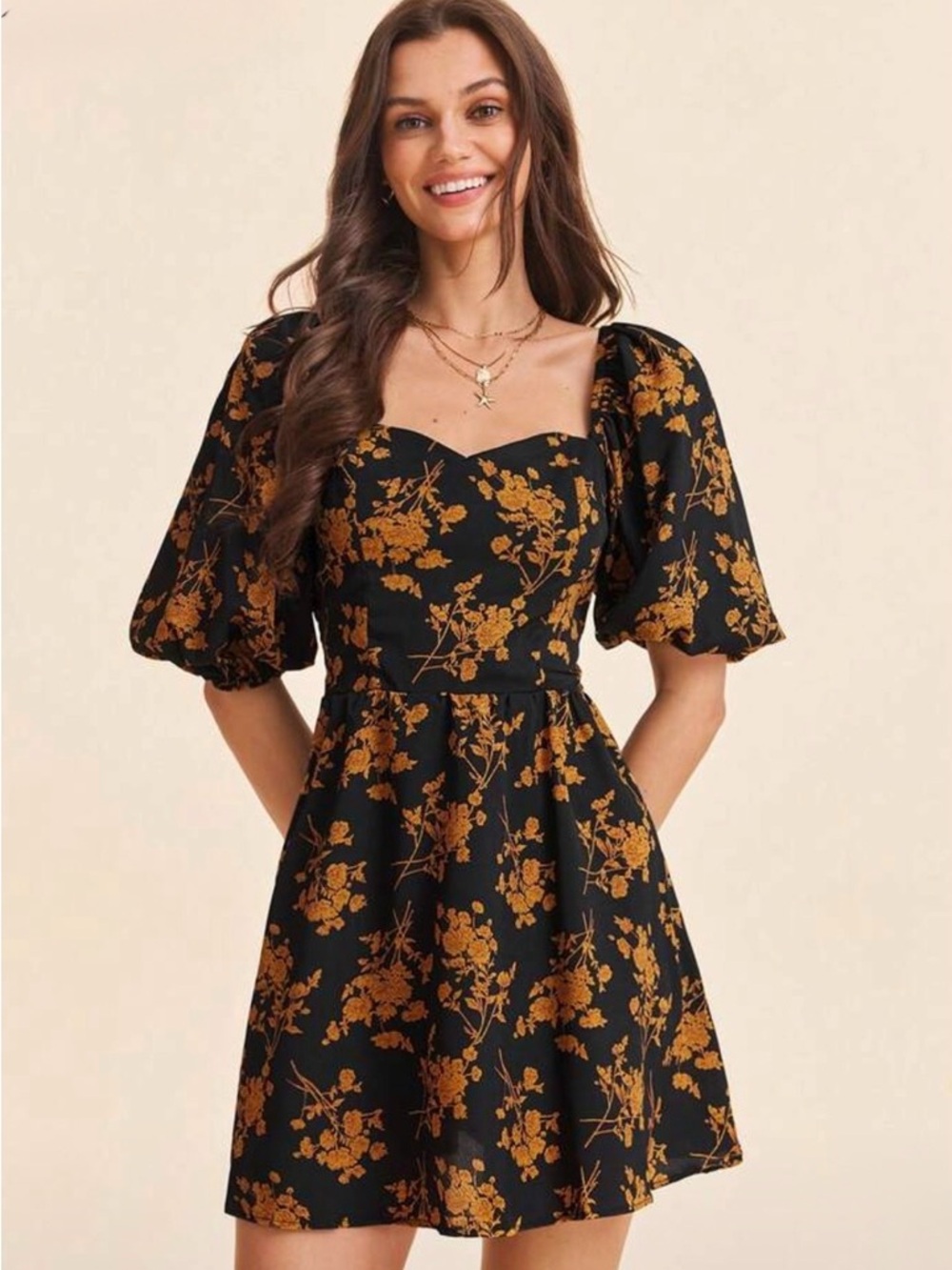 SHEIN Women’s Black Dress with Mustard Floral Print, size L
